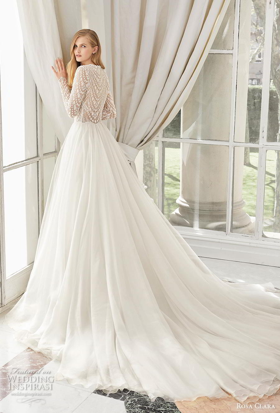 rosa clara 2019 couture bridal long sleeves jewel neck heavily embellished bodice modest a  line wedding dress covered lace back chapel train (2) bv