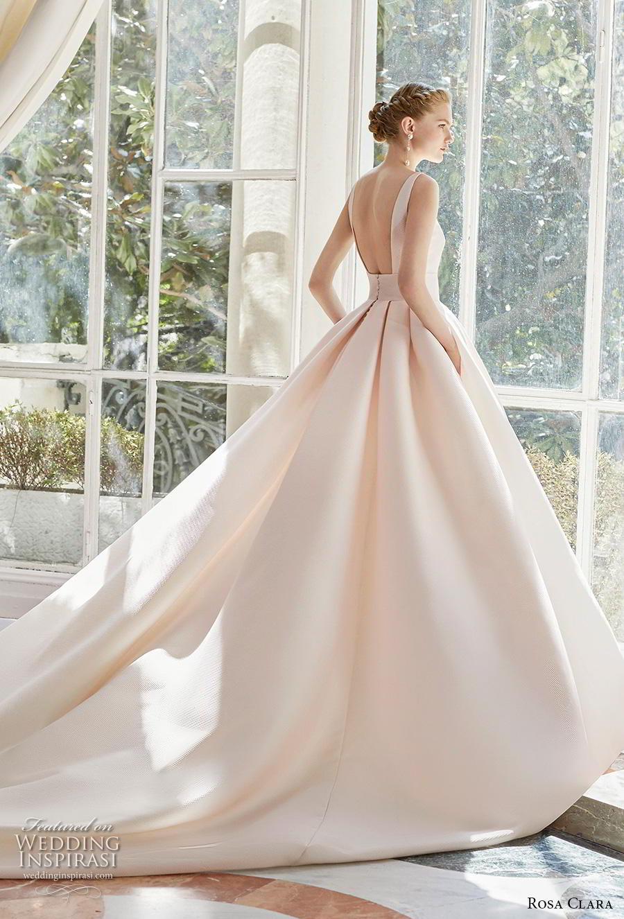 rosa clara 2019 couture bridal sleeveless deep v neck simple minimalist elegant princess blush a  line wedding dress pockets backless royal train (1) bv