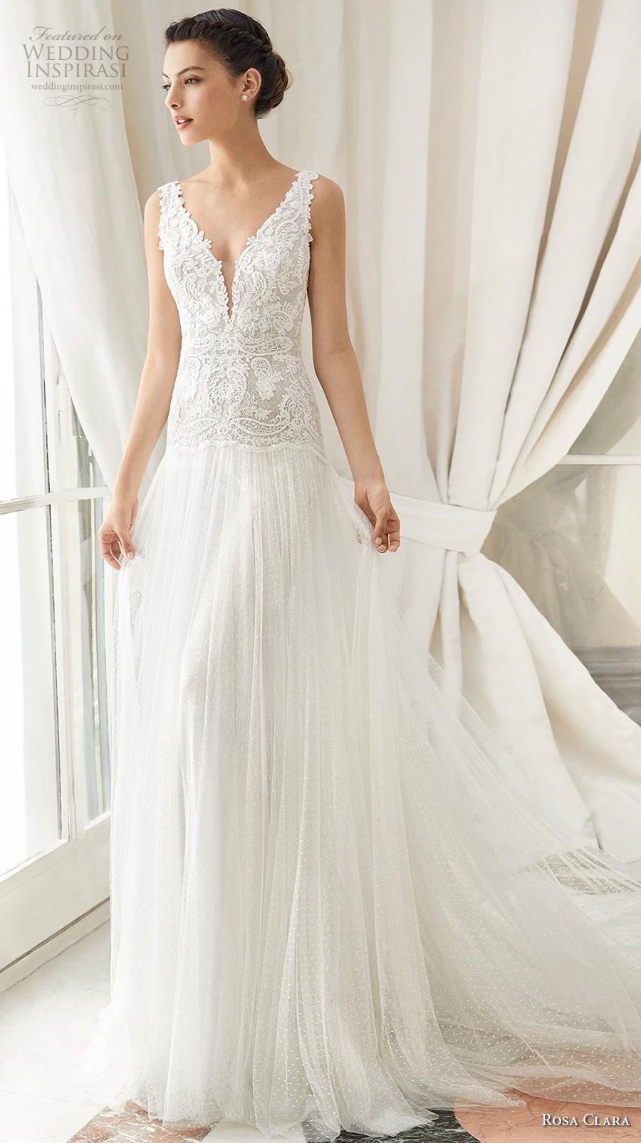 rosa clara 2019 couture bridal sleeveless thick strap deep v neck heavily embellished bodice romantic drop waist a  line wedding dress backless v back chapel train (17) mv