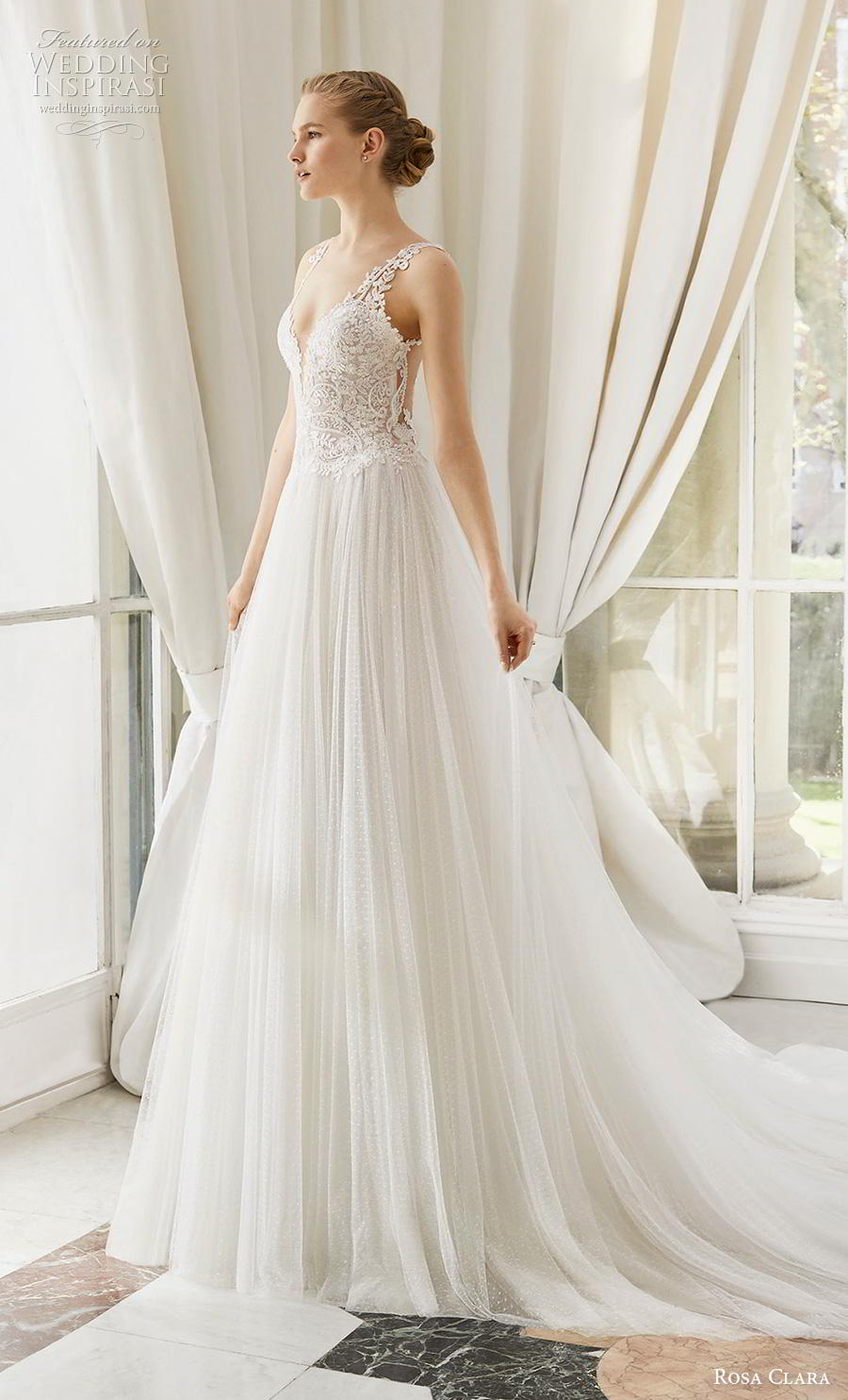 rosa clara 2019 couture bridal sleeveless with strap deep sweetheart neckline heavily embellished bodice pleated skirt romantic soft a  line wedding dress sheer lace back chapel train (10) mv