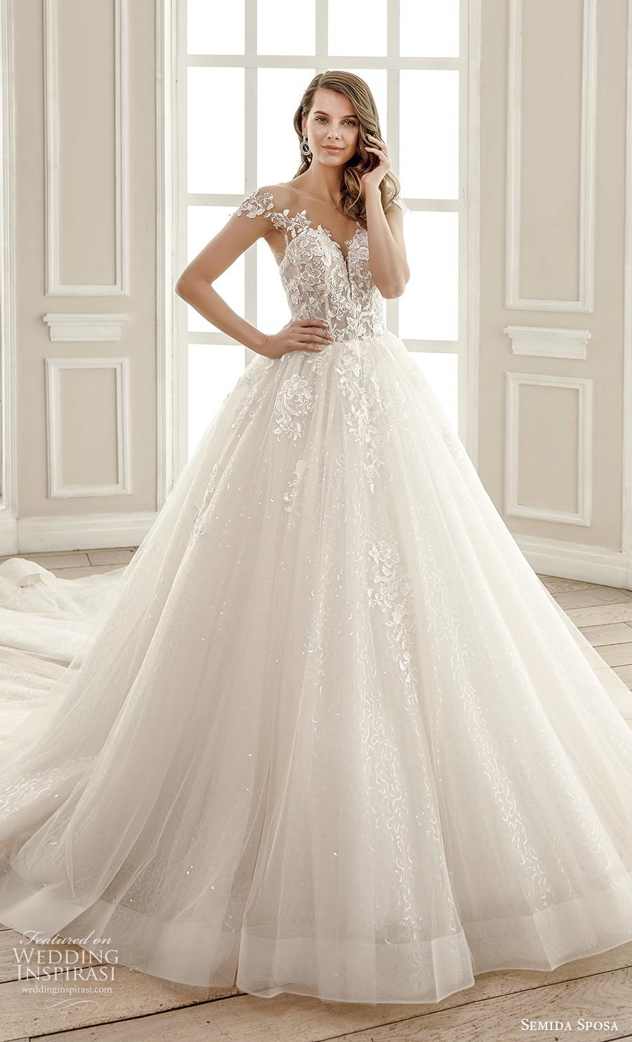 semida sposa 2020 bridal cap sleeves illusion bateau sweetheart neckline heavily embellished bodice romantic a  line wedding dress sheer button back chapel train (14) mv