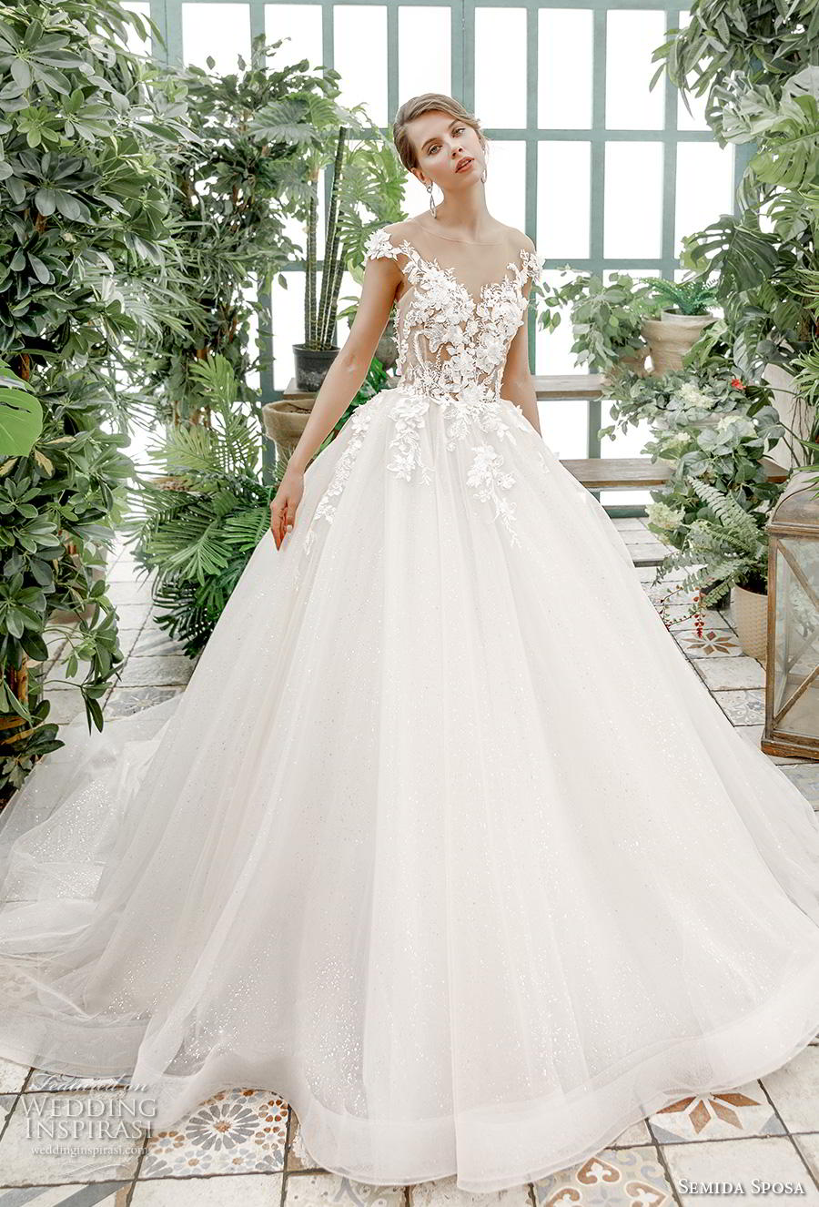 semida sposa 2020 bridal cap sleeves illusion bateau v neck heavily embellished bodice romantic ball gown a  line wedding dress sheer button back chapel train (10) mv