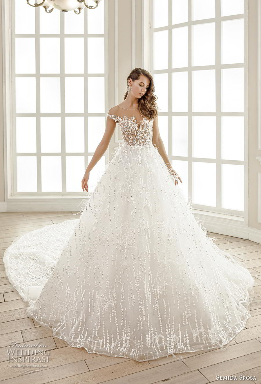 semida sposa 2020 bridal cap sleeves illusion jewel sweetheart neckline full embellishment romantic a  line wedding dress lace button back royal train (3) mv