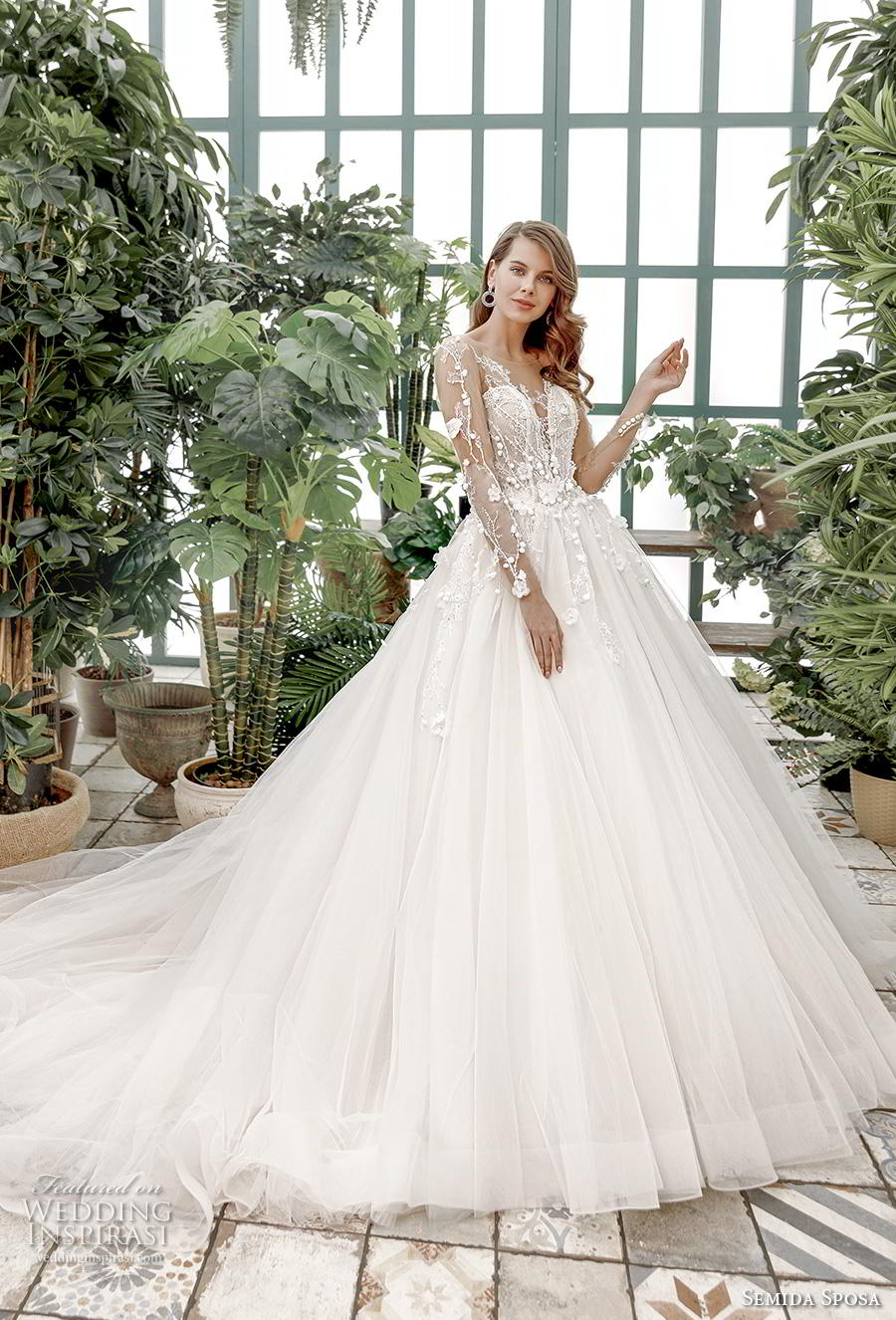 semida sposa 2020 bridal long sleeves illusion bateau deep sweetheart neckline heavily embellished bodice romantic a  line wedding dress mid back chapel train (9) mv