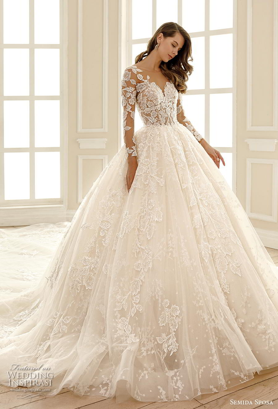 semida sposa 2020 bridal long sleeves illusion bateau sweetheart neckline full embellishment princess ball gown a  line wedding dress lace button back royal train (1) mv