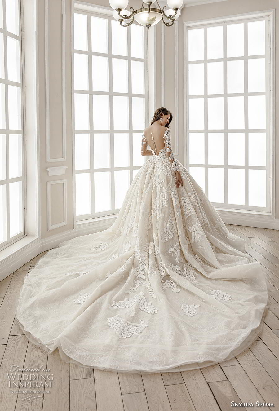 semida sposa 2020 bridal long sleeves illusion bateau sweetheart neckline full embellishment princess ball gown a  line wedding dress sheer button back royal train (2) bv