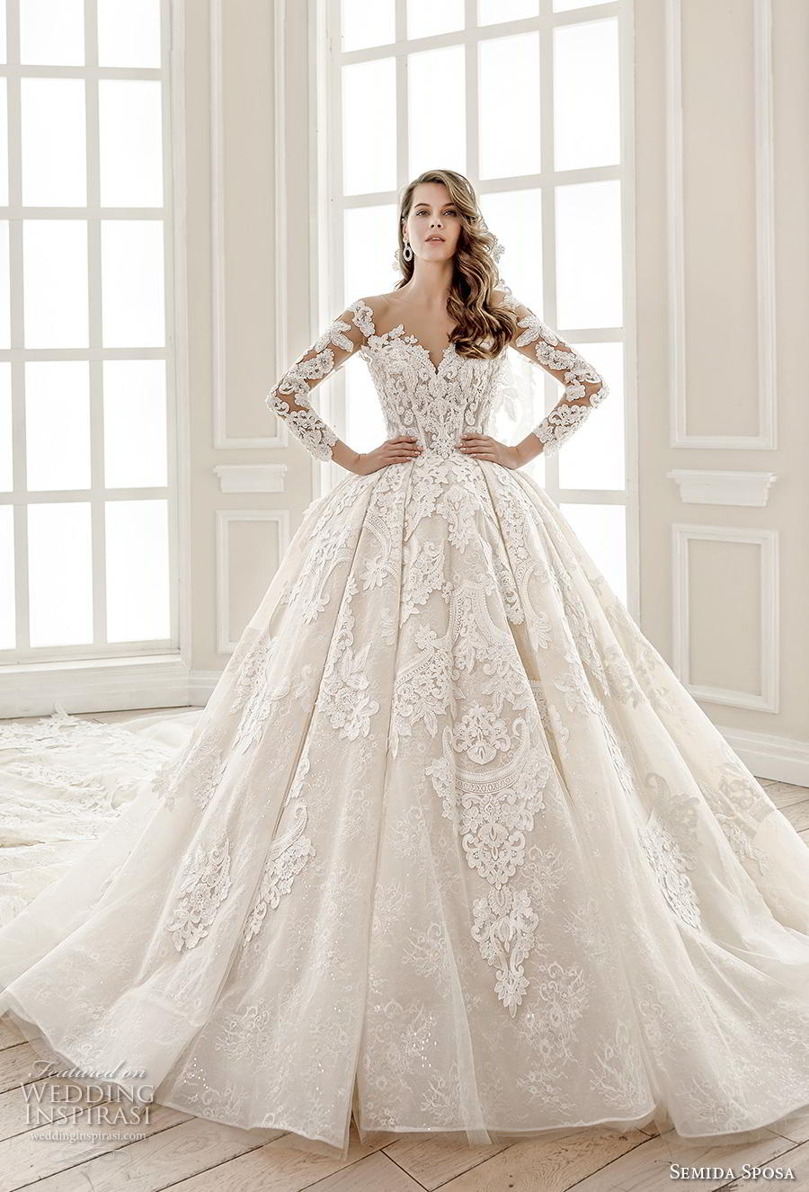 semida sposa 2020 bridal long sleeves illusion bateau sweetheart neckline full embellishment princess ball gown a  line wedding dress sheer button back royal train (2) mv