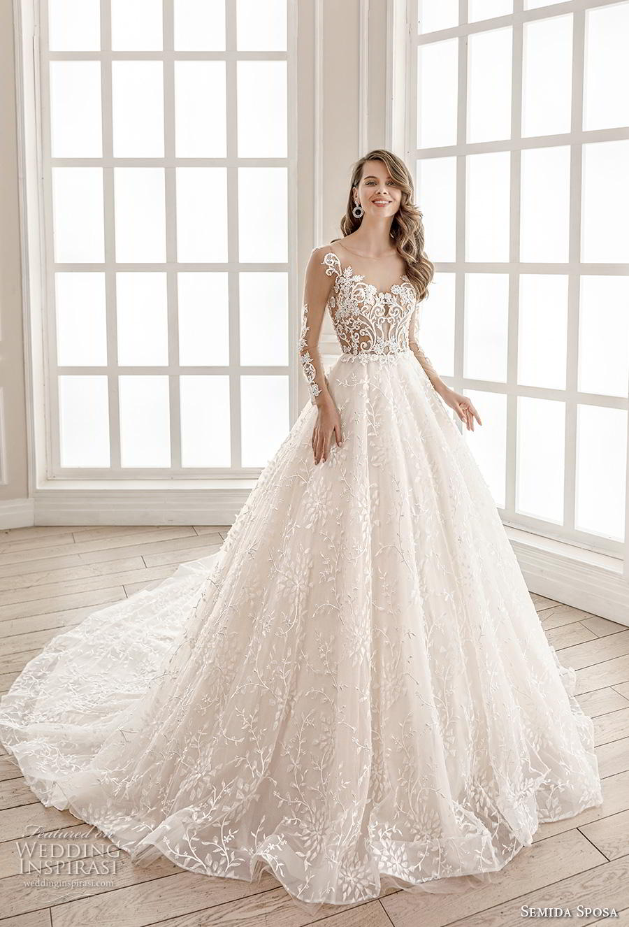 semida sposa 2020 bridal long sleeves illusion bateau sweetheart neckline heavily embellished bodice romantic princess ball gown a  line wedding dress lace button back chapel train (8) mv