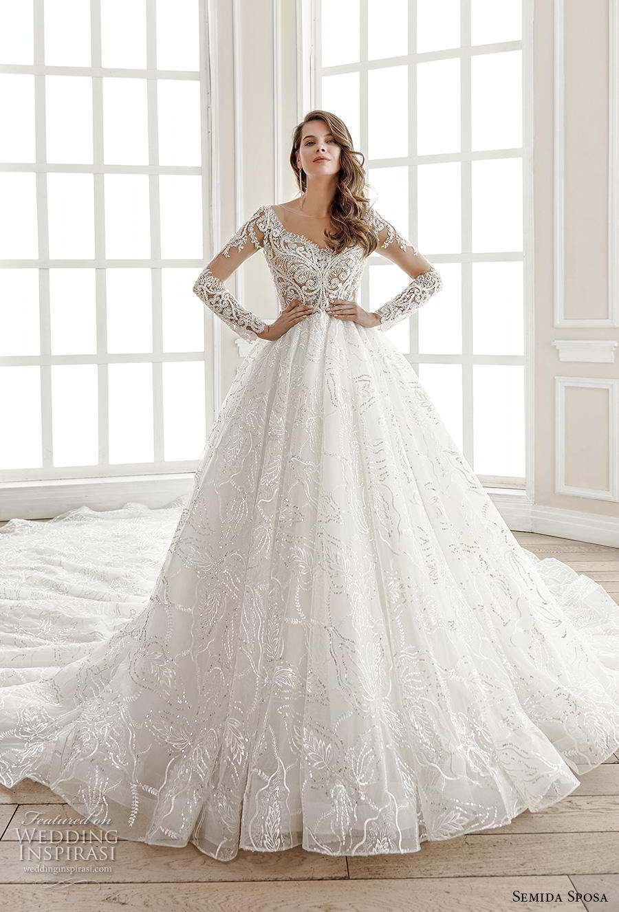 semida sposa 2020 bridal long sleeves illusion bateau v neck full embellishment princess a  line wedding dress sheer button back royal train (13) mv