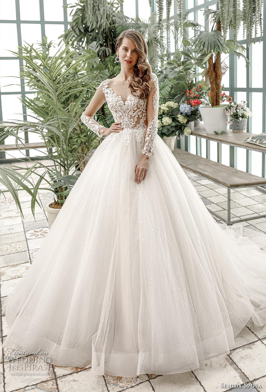 semida sposa 2020 bridal long sleeves illusion bateau v neck heavily embellished bodice princess ball gown a  line wedding dress sheer button back chapel train (12) mv