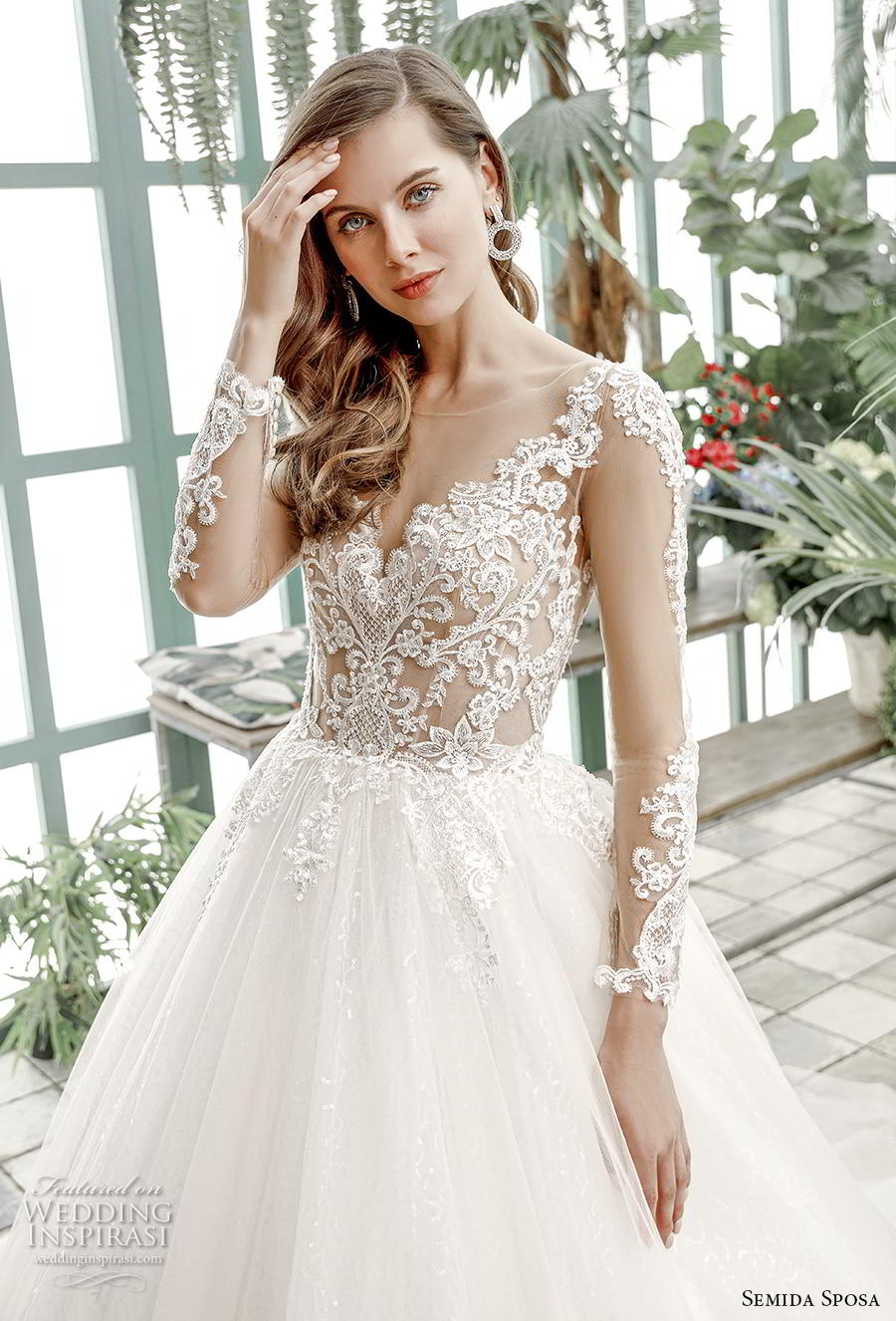 semida sposa 2020 bridal long sleeves illusion bateau v neck heavily embellished bodice princess ball gown a  line wedding dress sheer button back chapel train (12) zv