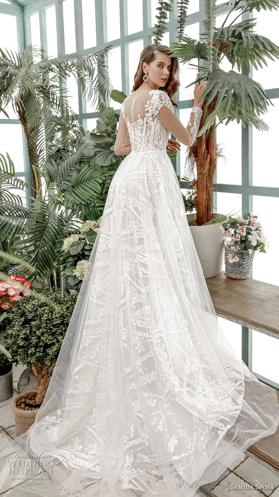 semida sposa 2020 bridal sheer long sleeves v neck full embellishment romantic a  line wedding dress sheer button back short train (11) bv