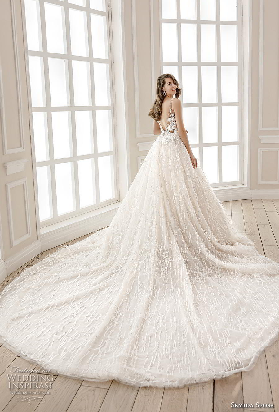 semida sposa 2020 bridal sleeveless deep sweetheart neckline full embellishment romantic ball gown a  line wedding dress backless v back chapel train (4) bv