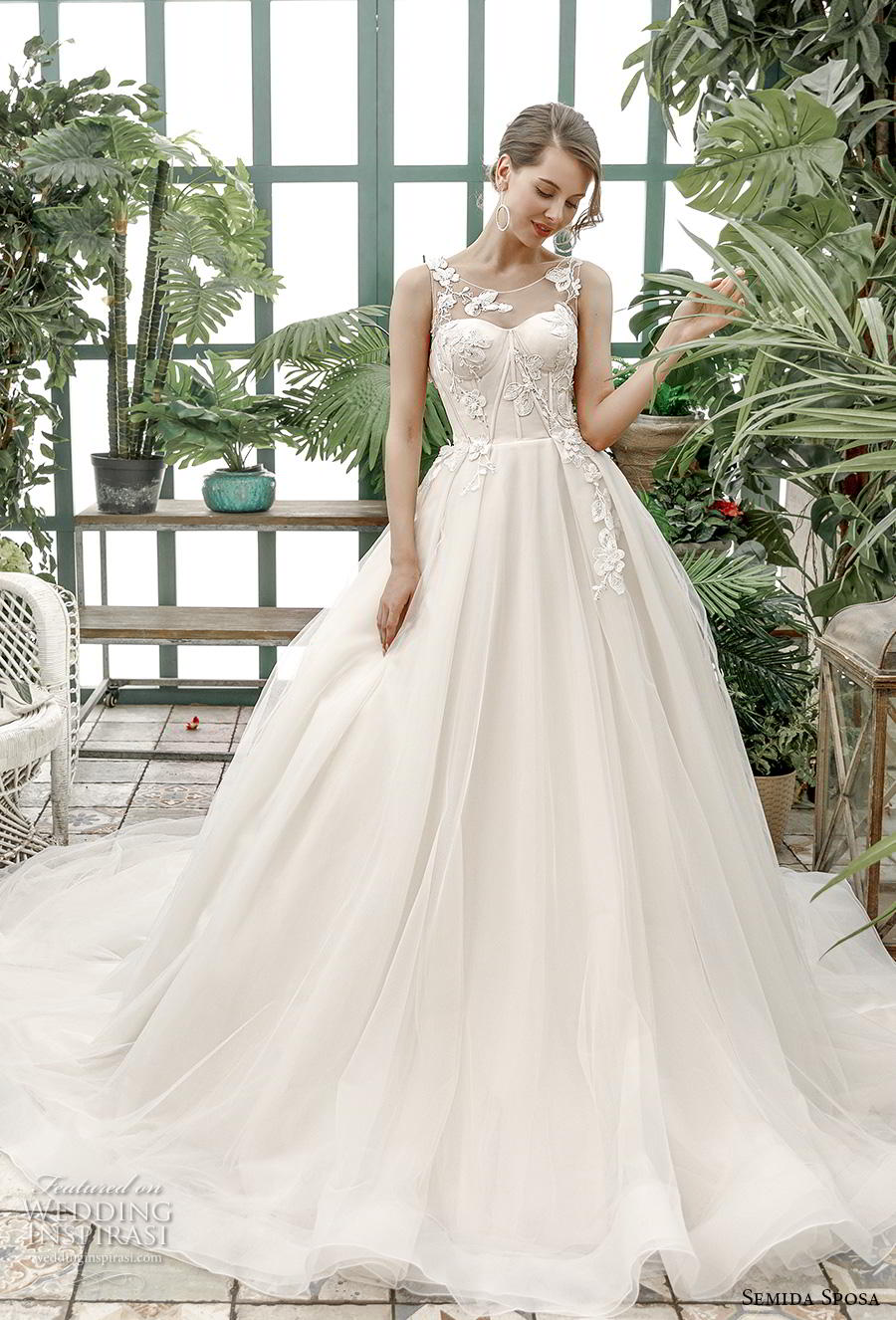 semida sposa 2020 bridal sleeveless illusion bateau sweetheart neckline bustier heavily embellished bodice ball gown a  line wedding dress corset back chapel train (15) mv