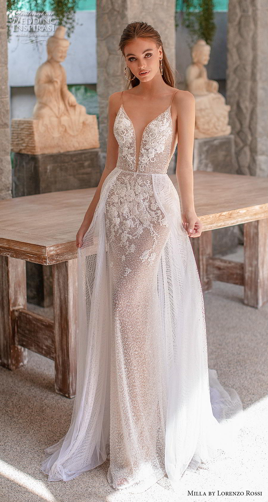 sleeveless spaghetti strap deep plunging sweetheart neckline full embellishment elegant fit and flare wedding dress a  line overskirt backless v back chapel train (9) mv