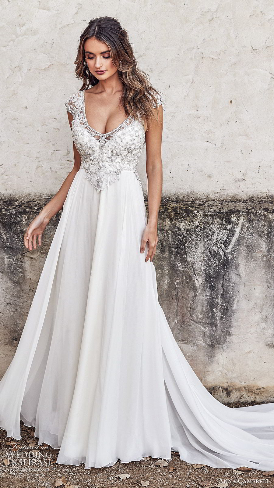 anna campbell 2020 bridal illusion cap sleeves scoop neck heavily embellished bodice a line ball gown wedding dress (3) glitzy glam v back chapel train mv