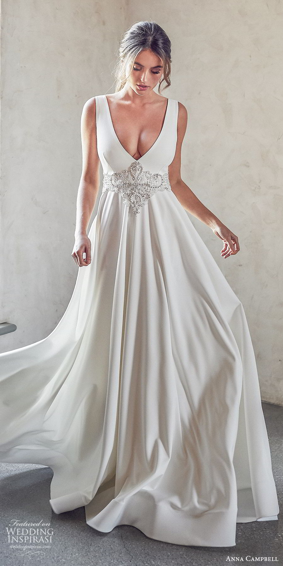 anna campbell 2020 bridal sleeveless thick straps deep v neckline embellished waist ball gown a line wedding dress (7) elegant sexy clean modern open back chapel train zv