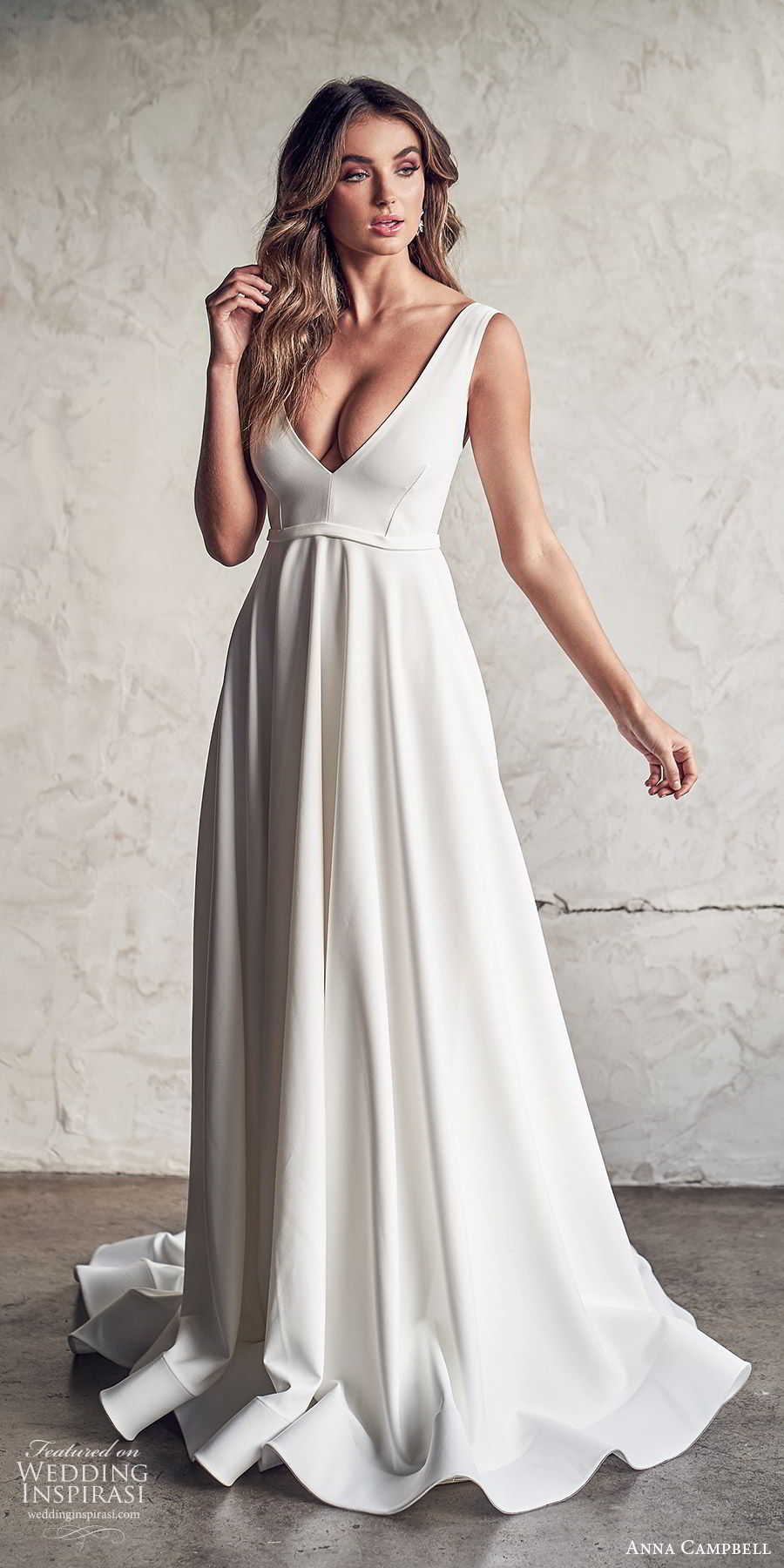 anna campbell 2020 bridal sleeveless thick straps plunging v neckline minimally embellished ball gown a line wedding dress (6) clean modern low v back chapel train mv