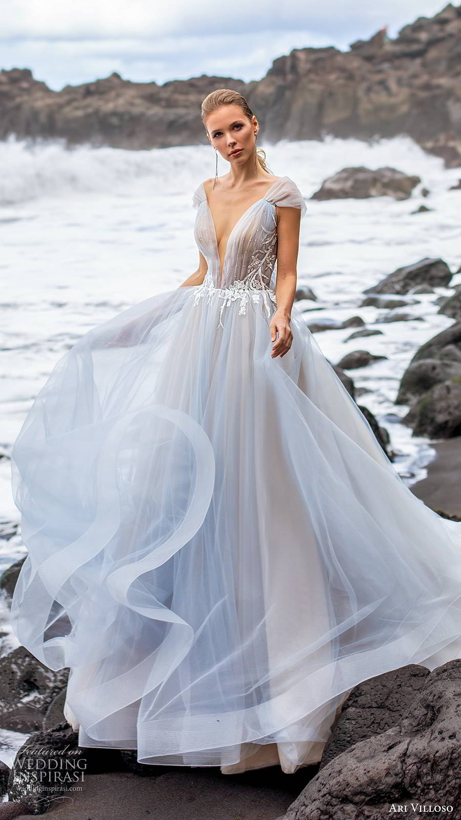 ari villoso 2020 bridal cap sleeves plunging v neckline beaded ruched bodice a line ball gown wedding dress (17) princess romantic blue color chapel train mv