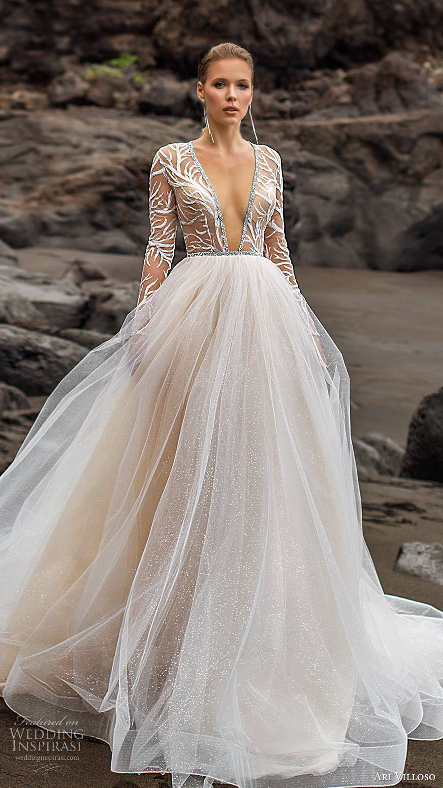 ari villoso 2020 bridal illusion long sleeves deep v neckline sheer embellished bodice a line ball gown wedding dress (13) romantic modern chapel train mv