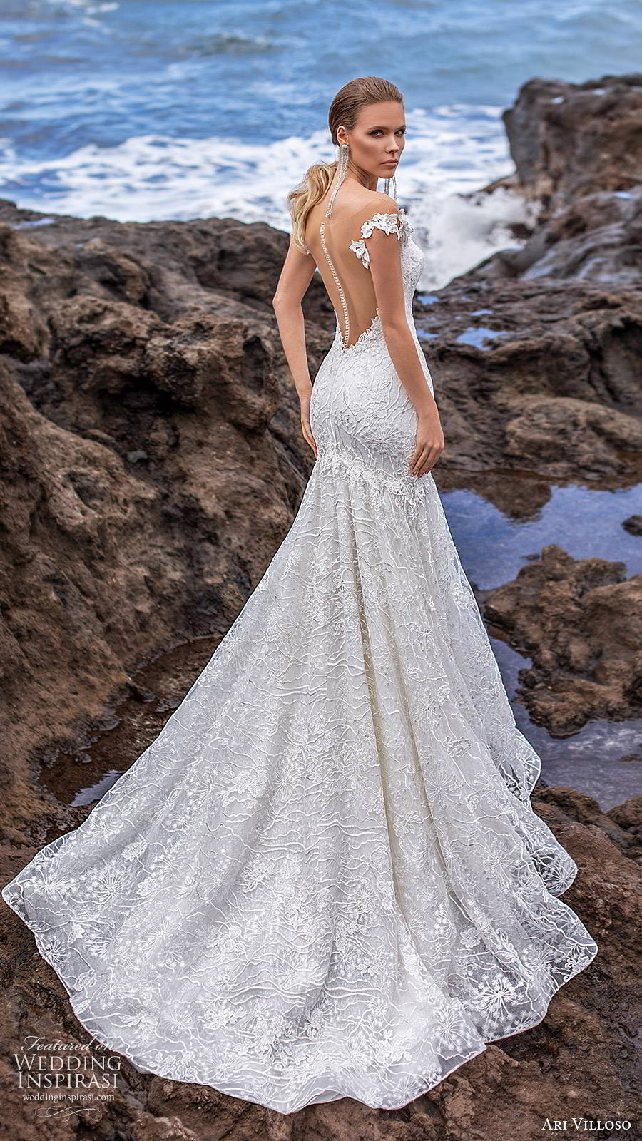 ari villoso 2020 bridal off shoulder sweetheart neckline fully embellished fit flare mermaid wedding dress (12) boho sheer cape illusion back chapel train bv