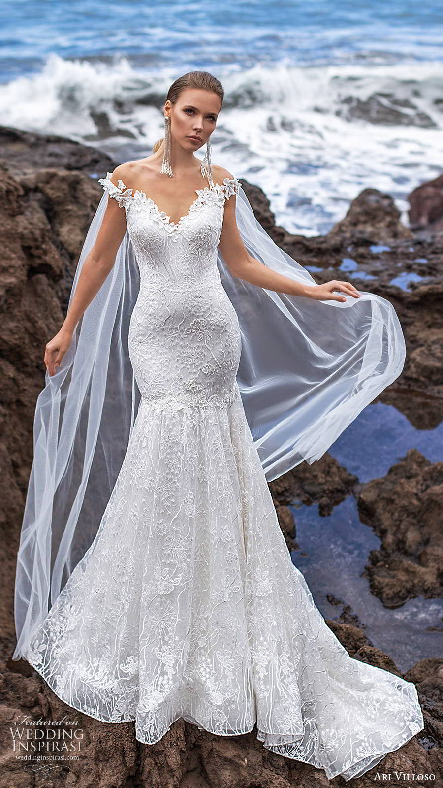ari villoso 2020 bridal off shoulder sweetheart neckline fully embellished fit flare mermaid wedding dress (12) boho sheer cape illusion back chapel train mv