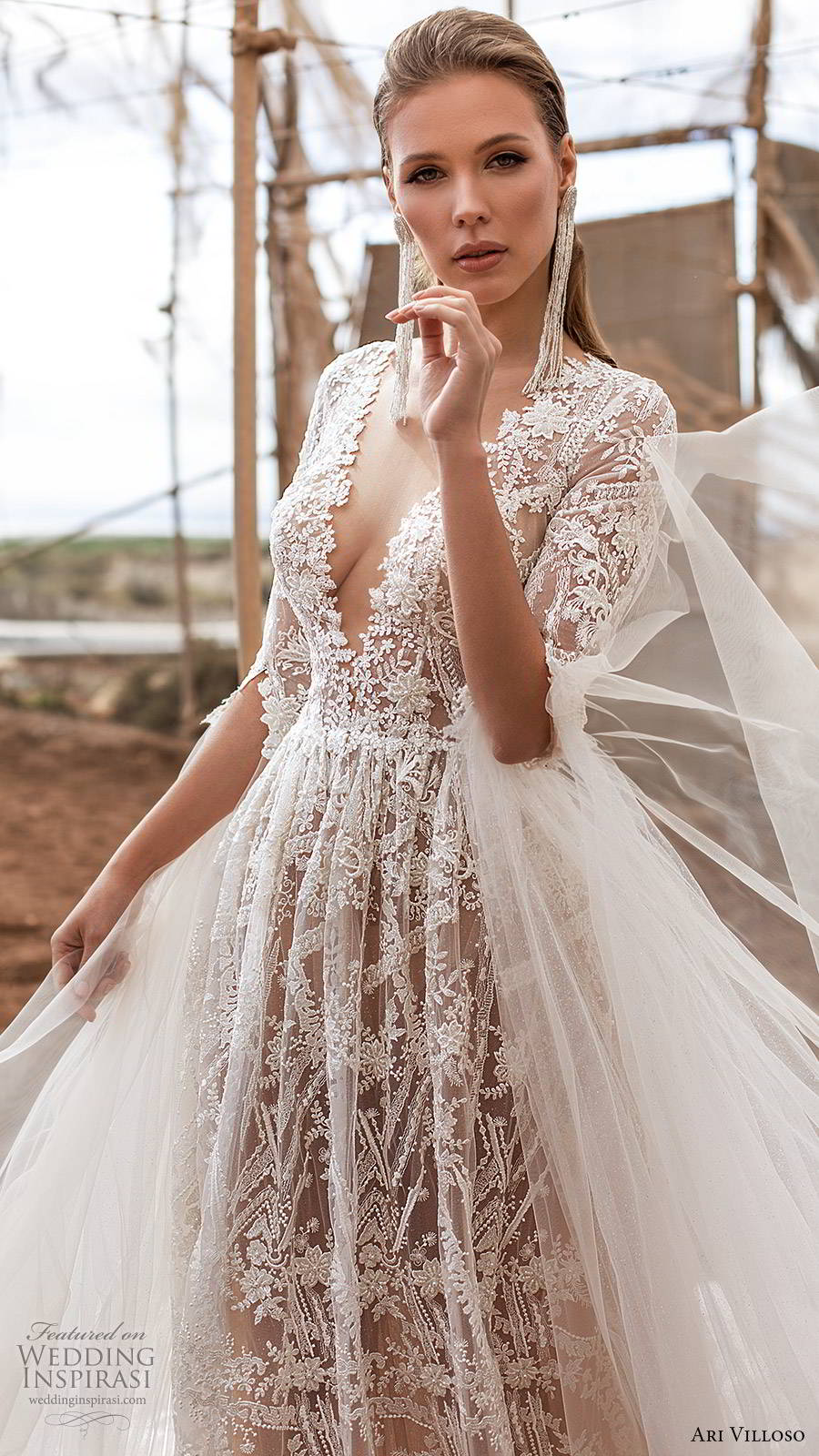 ari villoso 2020 bridal sheer 3 quarter sleeves deep v neckline fully embellished lace a line wedding dress (5) elegant romantic keyhole back chapel train zv