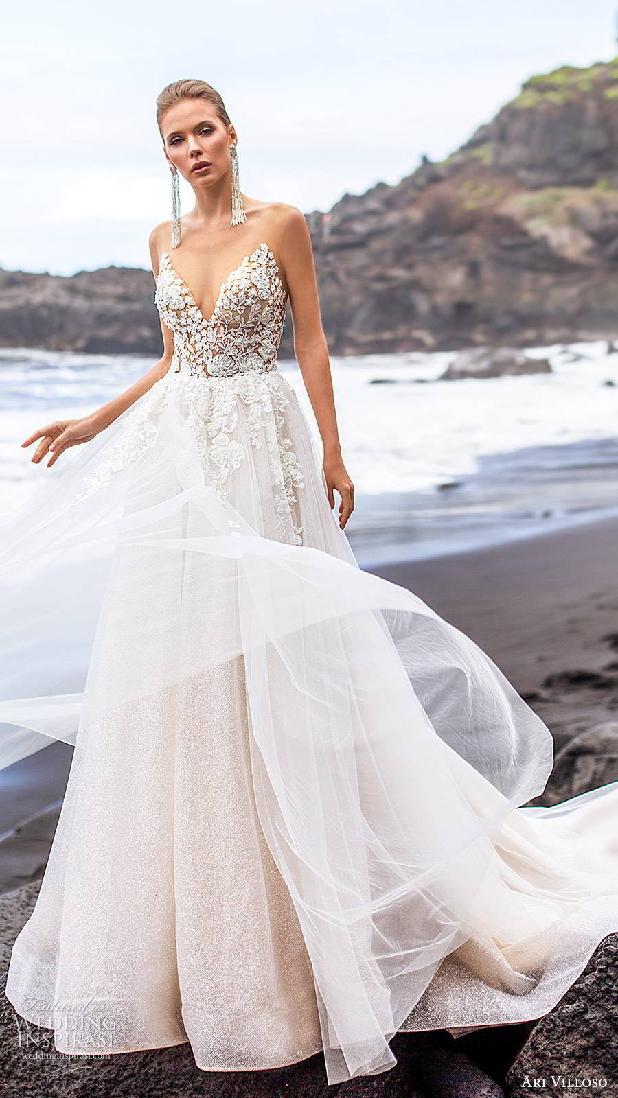 ari villoso 2020 bridal sleeveless illusion straps sweetheart sheer embellished bodice a line ball gown wedding dress (4) romantic sheer back chapel train mv