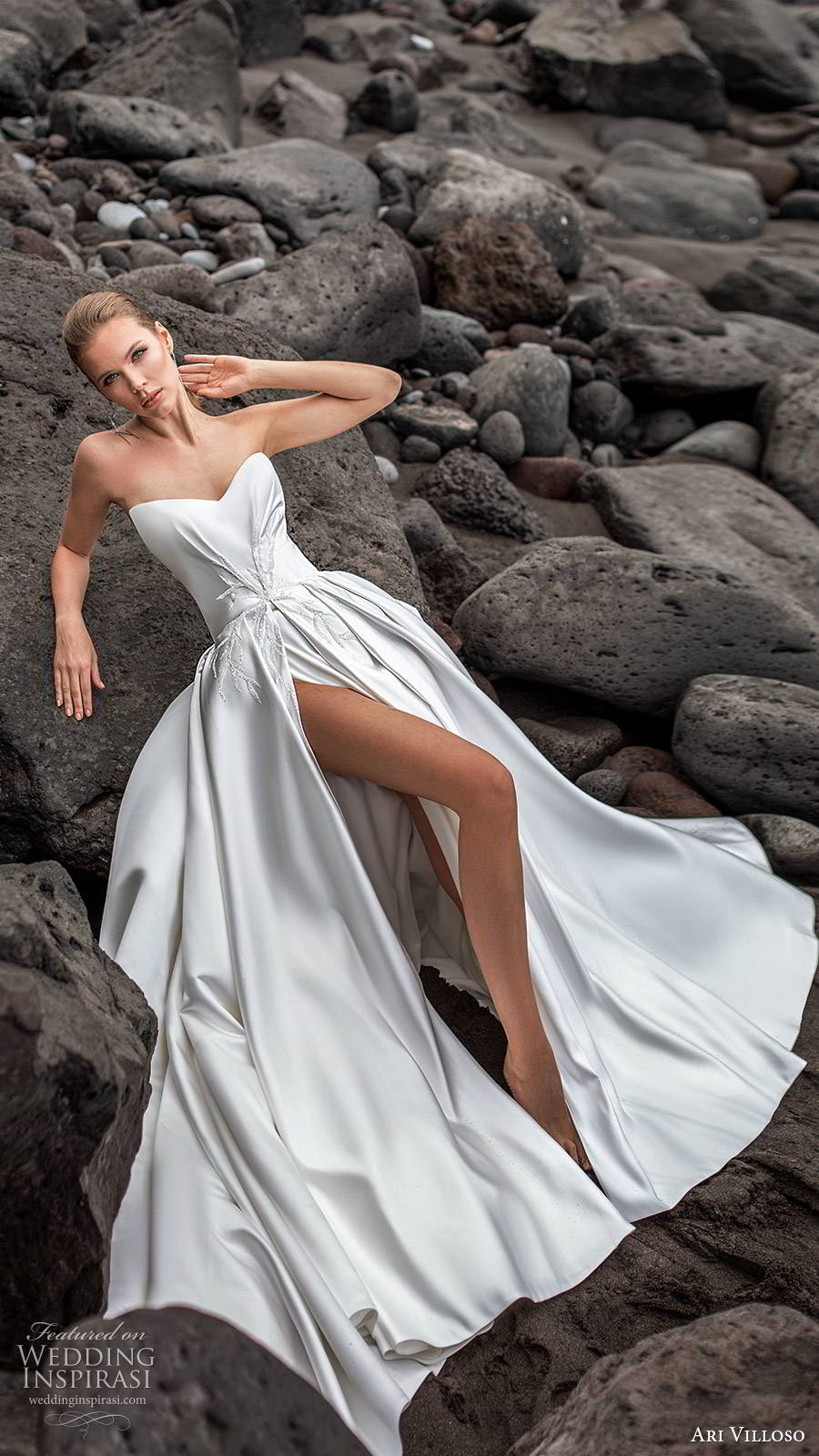 ari villoso 2020 bridal strapless semi sweetheart ruched embellished bodice clean slit skirt a line ball gown wedding dress (19) modern minimalist chapel train mv 