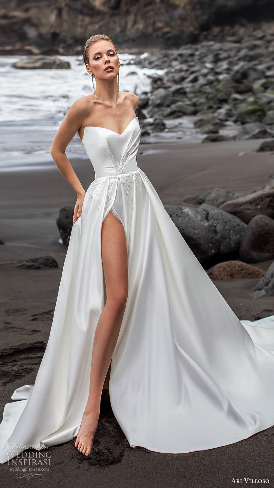 ari villoso 2020 bridal strapless semi sweetheart ruched embellished bodice clean slit skirt a line ball gown wedding dress (19) modern minimalist chapel train mv