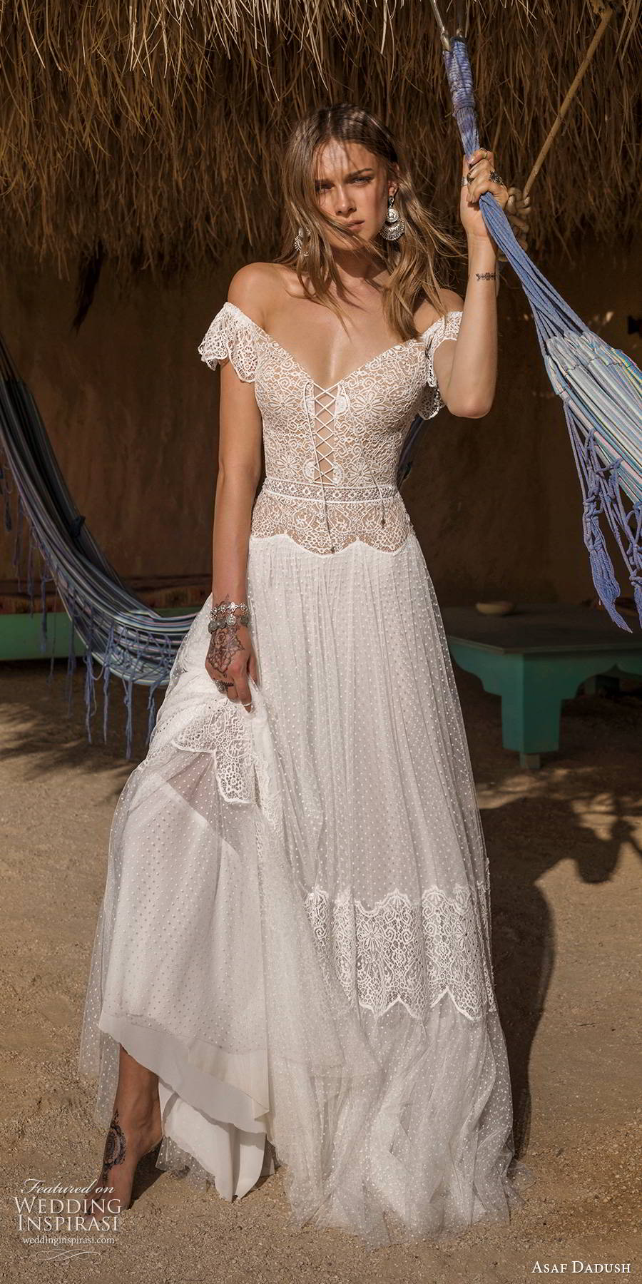 asaf dadush 2019 bridal flutter sleeves off shoulder v neckline embellished bodice romantic boho a line wedding dress (11) mv