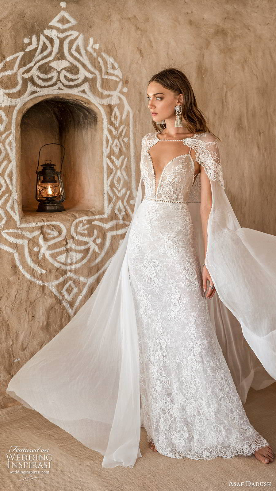 asaf dadush 2019 bridal sleeveless thin beaded straps plunging sweetheart neckline fully embellished lace glam sheath wedding dress sheer cape sweep train mv (1) mv