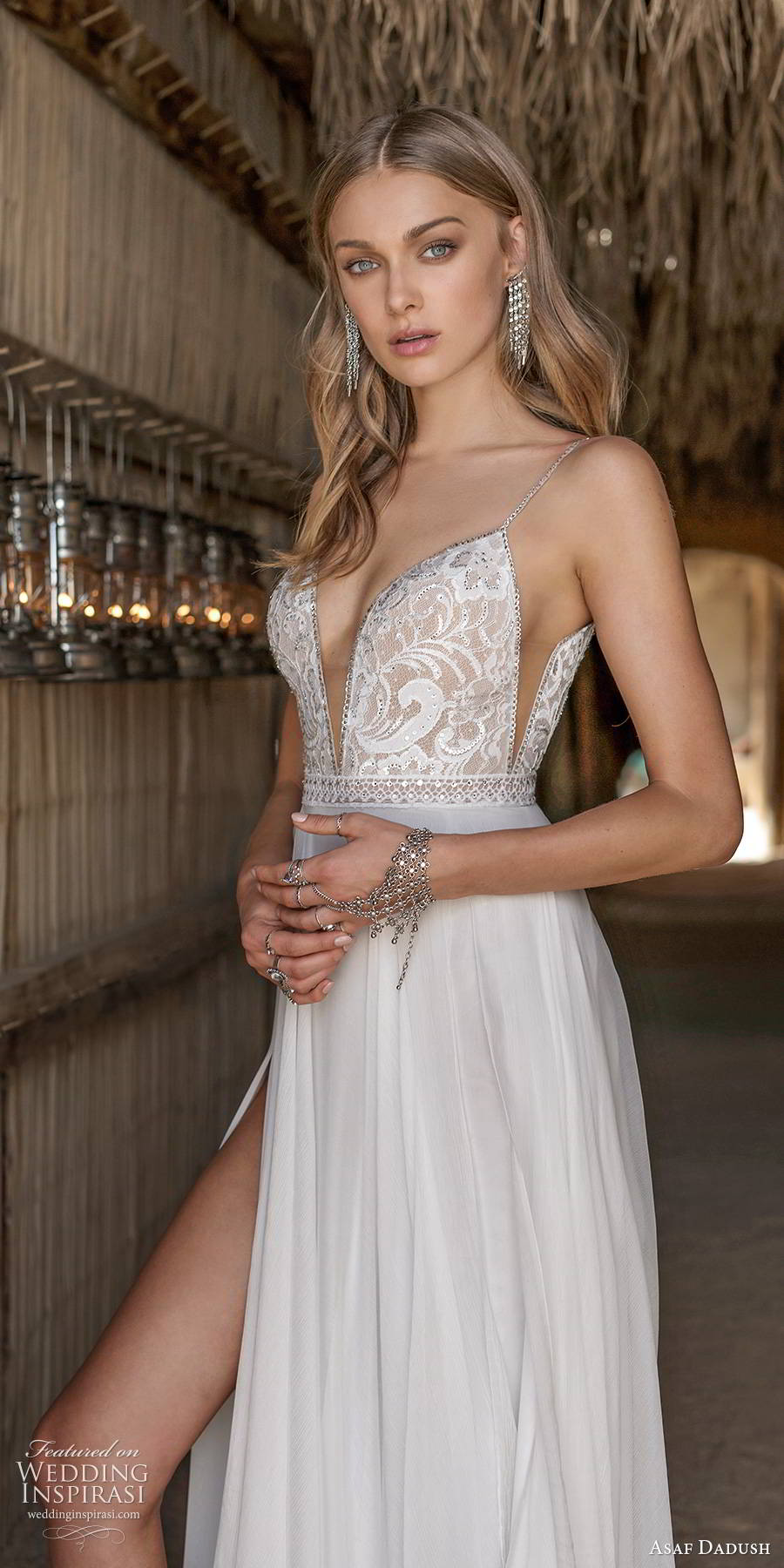 asaf dadush 2019 bridal sleeveless thin straps plunging v neckline embellished bodice slit skirt sexy a line wedding dress (6) zv