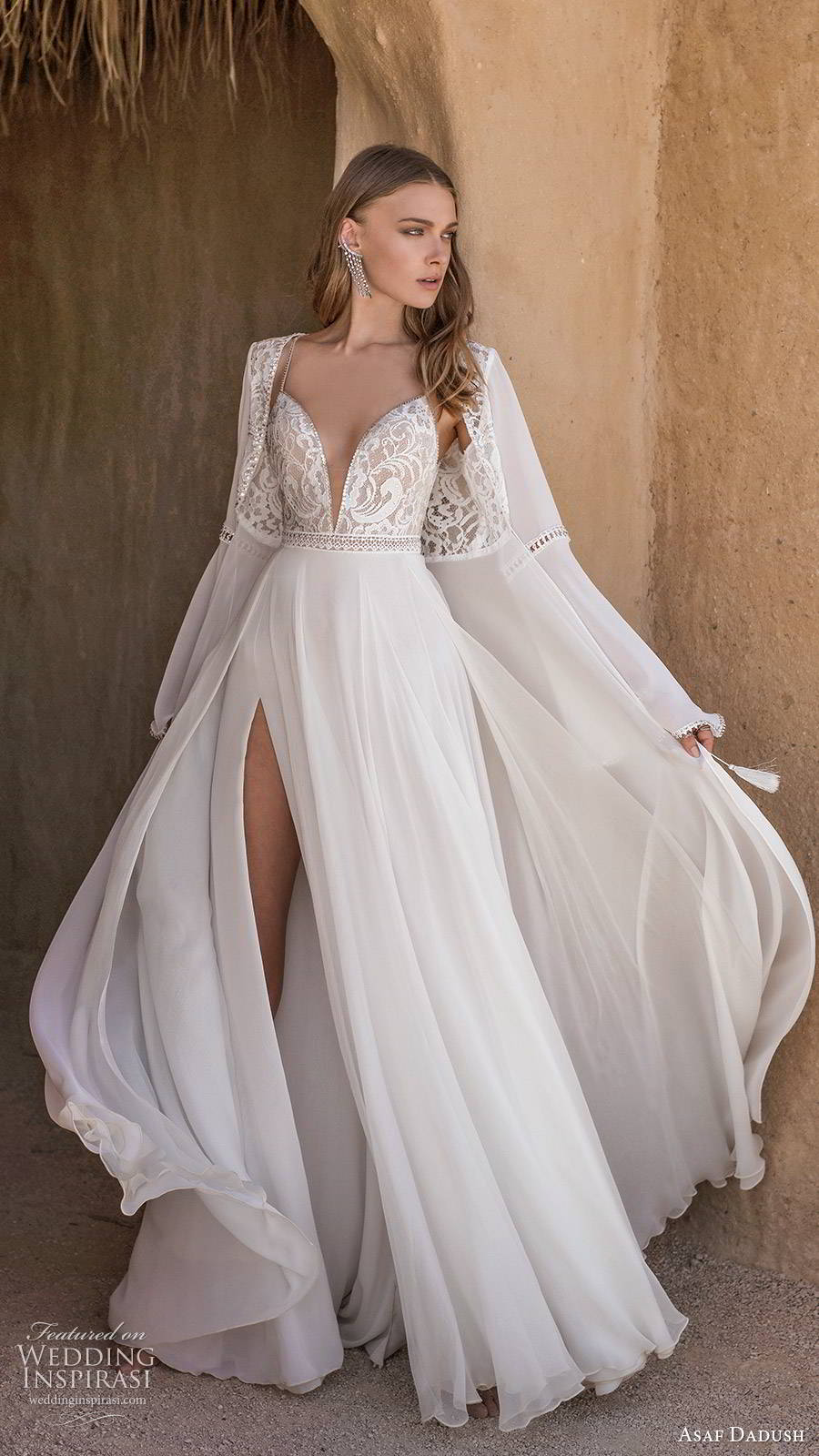 asaf dadush 2019 bridal sleeveless thin straps plunging v neckline embellished bodice slit skirt sexy a line wedding dress jacket (6) mv