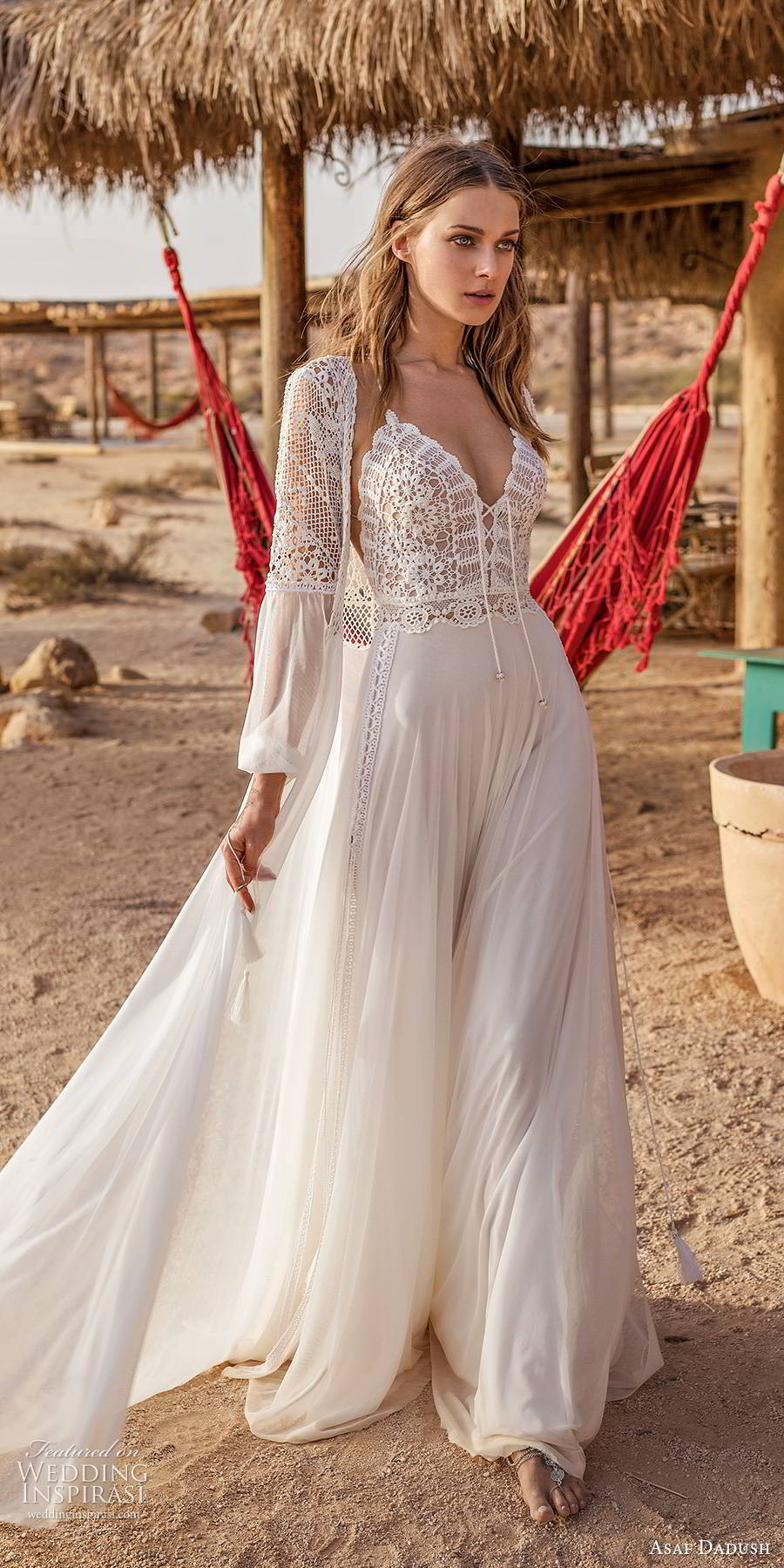 asaf dadush 2019 bridal sleeveless thin straps v neckline embellished bodice clean slit skirt boho romantic a line wedding dress jacket (9) mv