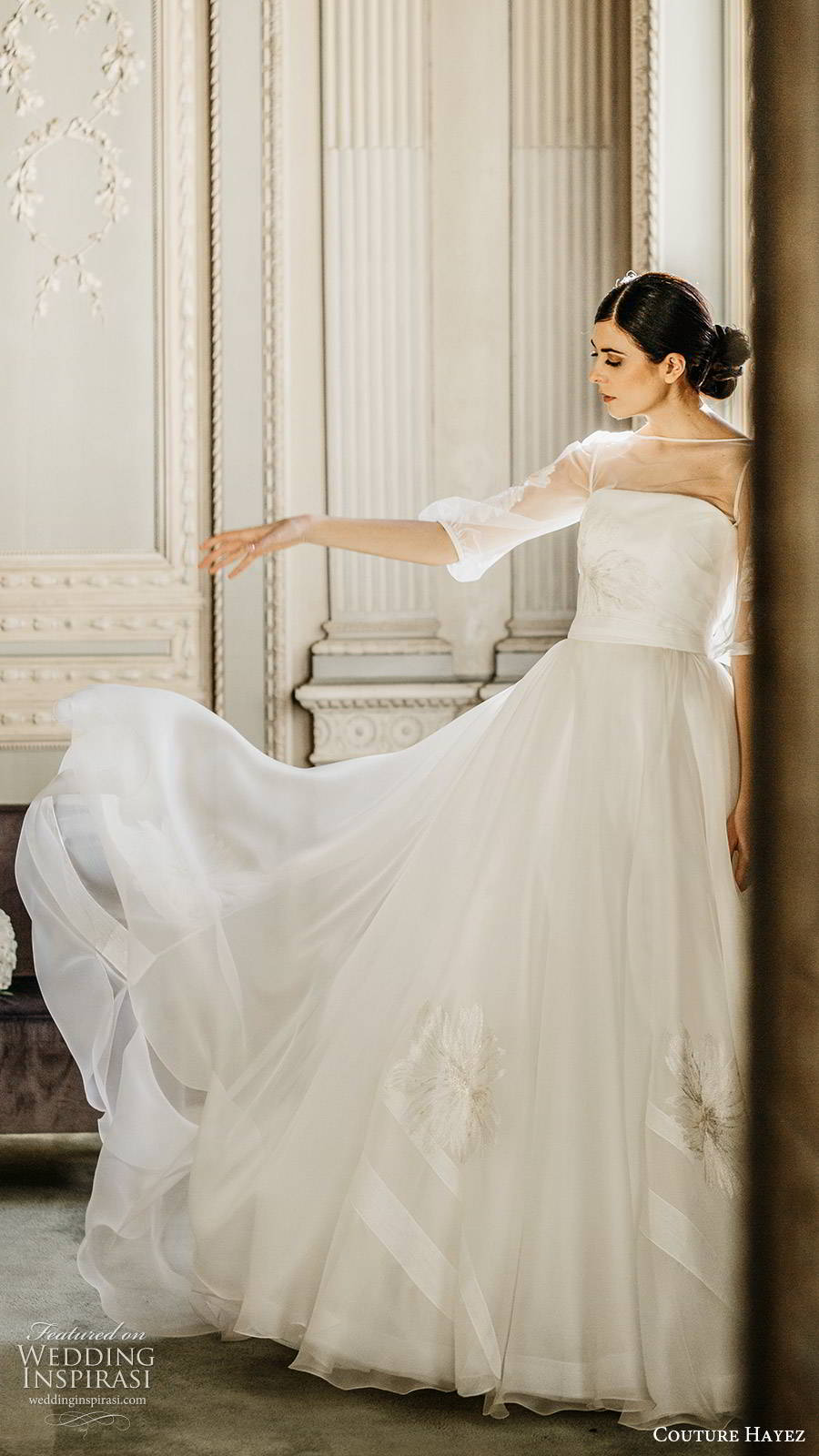 couture hayez 2020 bridal 3 quarter illusion balloon sleeves sheer bateau neckline straight across a line ball gown wedding dress (3) elegant romantic chapel train mv  