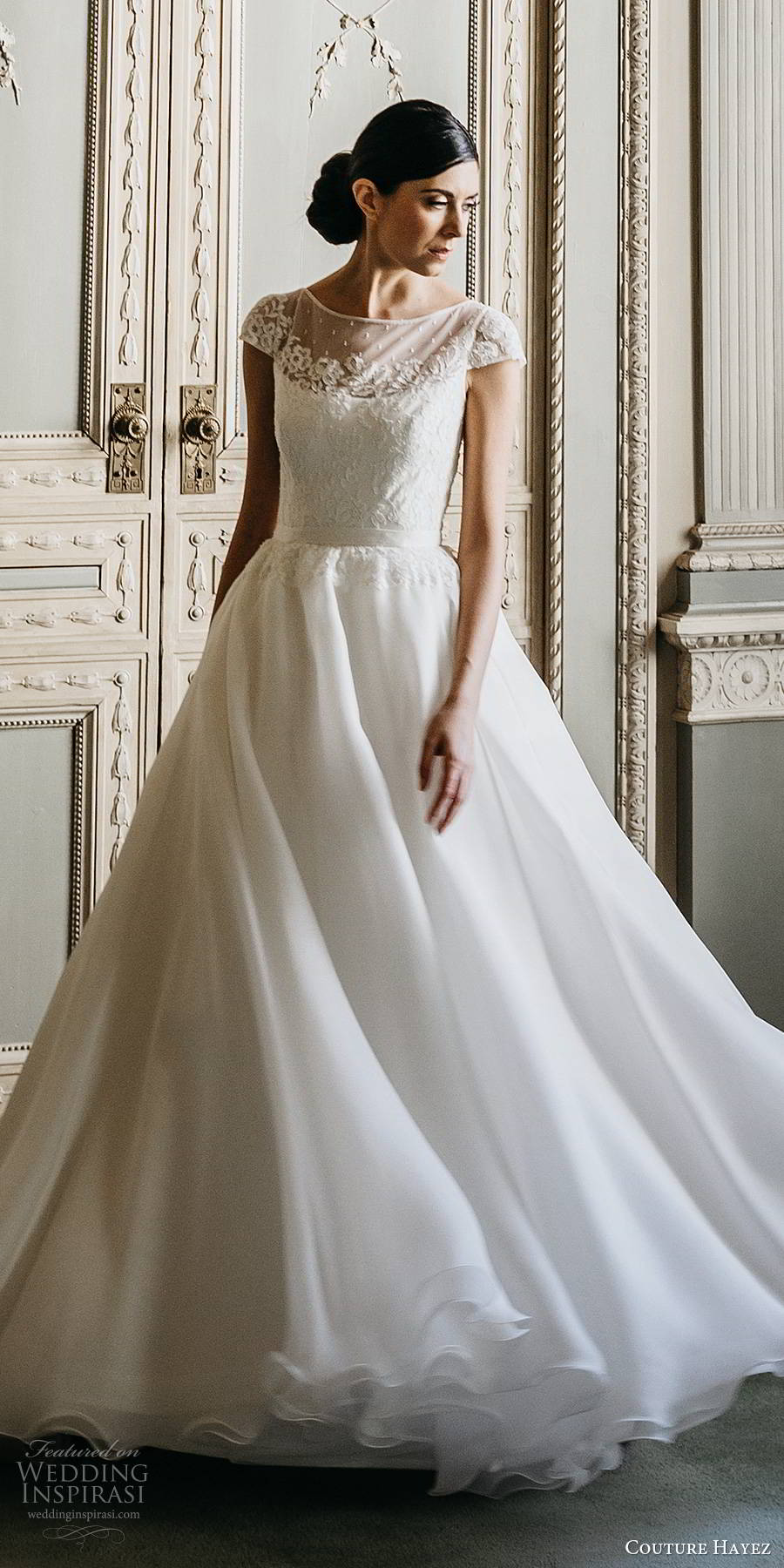 couture hayez 2020 bridal illusion cap sleeves sheer bateau neckline embellished lace bodice a line ball gown wedding dress (2) elegant romantic chapel train zv