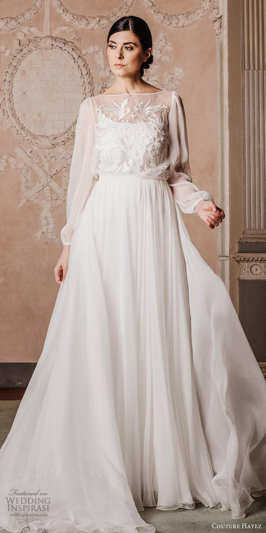 couture hayez 2020 bridal sheer bishop sleeves bateau neckline embellished bodice a line wedding dress (5) boho chic romantic chapel train mv