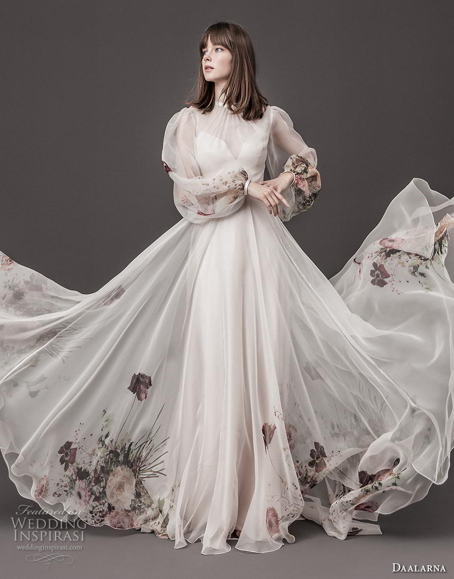 daalarna 2020 bridal long bishop sleeves high sheer jewel sweetheart neckline romantic color floral prints soft a  line wedding dress covered back sweep train (3) mv