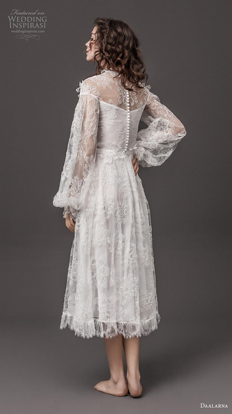 daalarna 2020 bridal long poet sleeves illusion high neck full embellishement romantic vintage tea length short wedding dress lace button back (14) bv