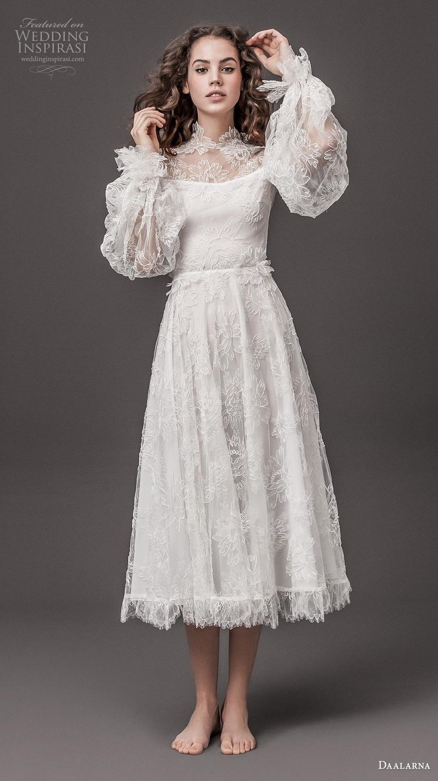 daalarna 2020 bridal long poet sleeves illusion high neck full embellishement romantic vintage tea length short wedding dress lace button back (14) mv