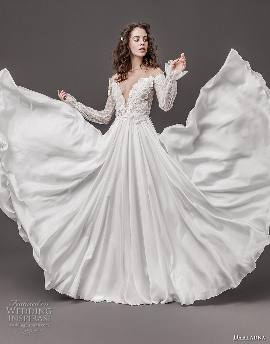 daalarna 2020 bridal long poet sleeves off the shoulder deep v neck heavily embellished bodice romantic soft a  line wedding dress mid back sweep train (5) mv