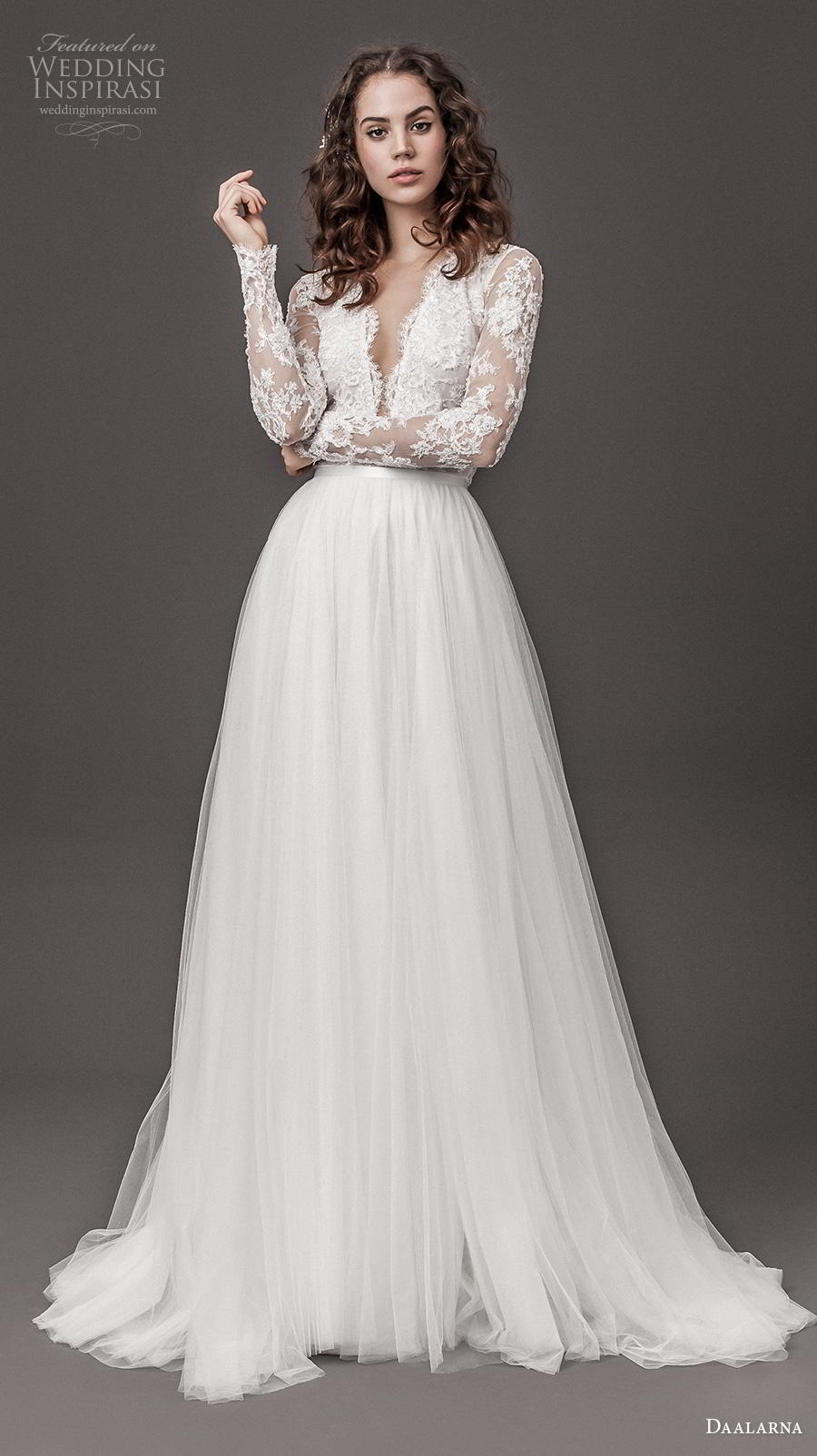 daalarna 2020 bridal long sleeves deep v neck heavily embellished bodice romantic elegant soft a  line wedding dress keyhole back sweep train (13) mv