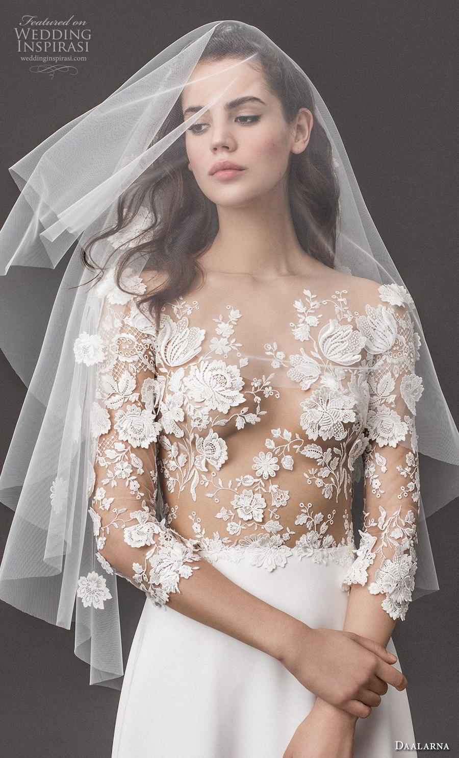 daalarna 2020 bridal three quarter sleeves illusion jewel heavily embellished bodice romantic sexy a  line wedding dress sheer lace back sweep train (1) zv