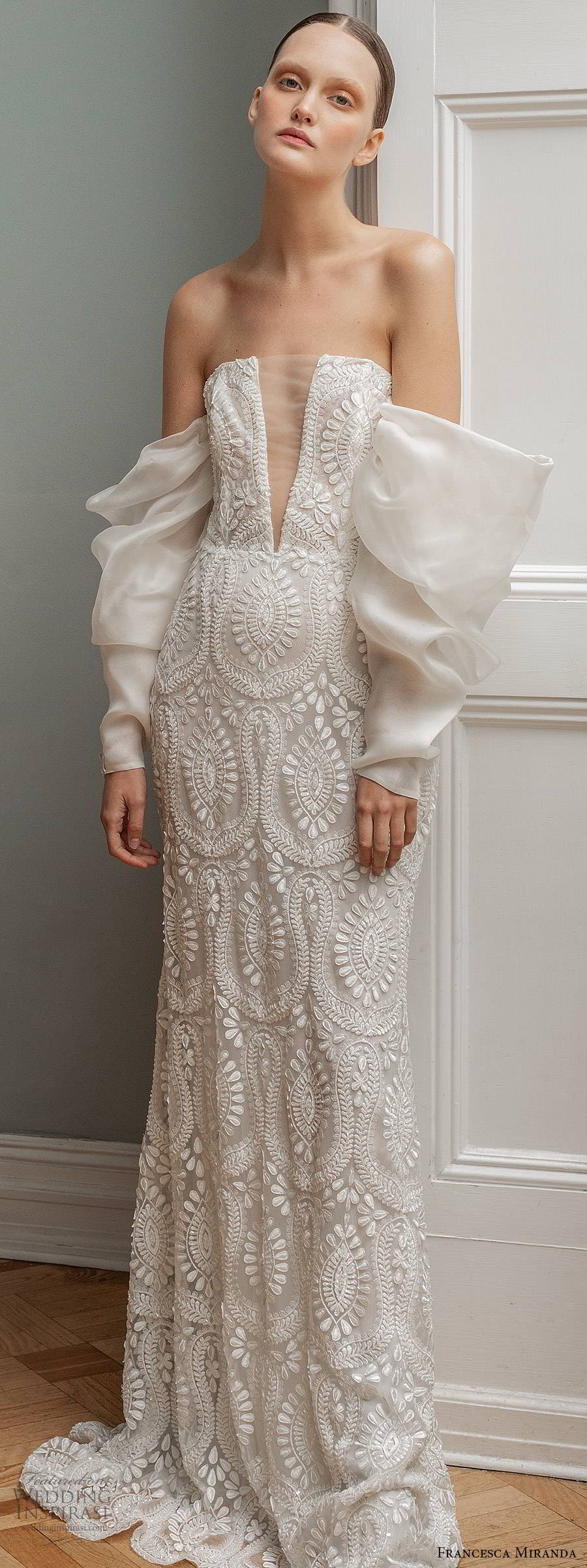 francesca miranda spring 2020 bridal detached long sleeves straight across illusion plunging neckline fully embellished lace fit flare mermaid sheath wedding dress modern sweep train (7) lv