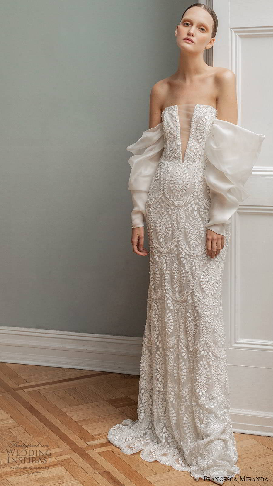 francesca miranda spring 2020 bridal detached long sleeves straight across illusion plunging neckline fully embellished lace fit flare mermaid sheath wedding dress modern sweep train (7) mv