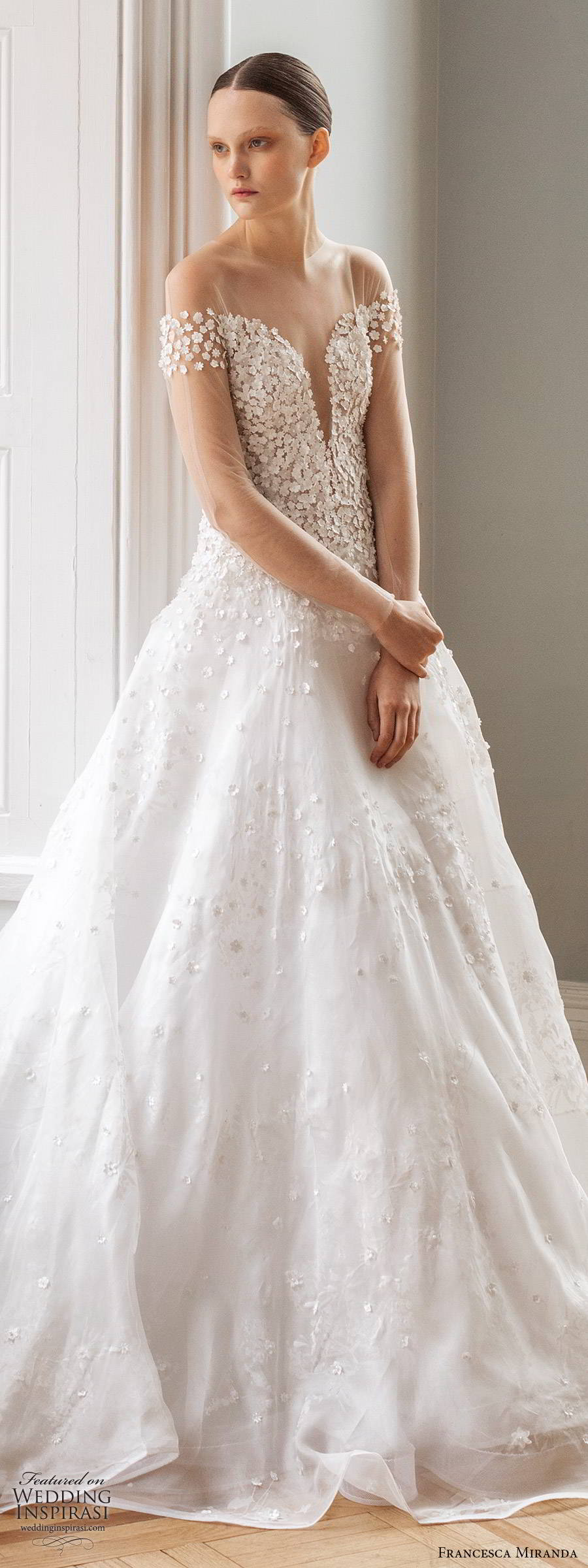 francesca miranda spring 2020 bridal illusion long sleeves off shoulder plunging split sweetheart neckline embellished bodice a line ball gown wedding dress elegatn romantic chapel train (2) lv