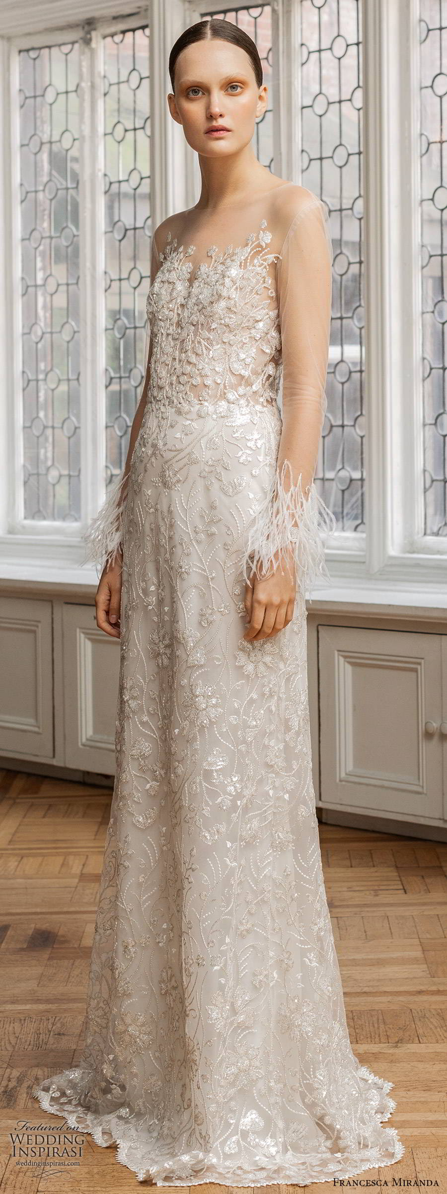 francesca miranda spring 2020 bridal illusion long sleeves sheer bateau sweetheart neckline fully embellished sheath wedding dress feathers glitzy sweep train (1) mv