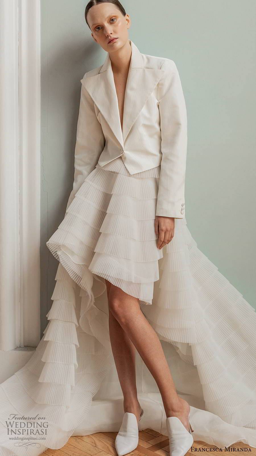 francesca miranda spring 2020 bridal long sleeve jacket a line ruffle tiered high low skirt wedding dress chapel train (10) mv