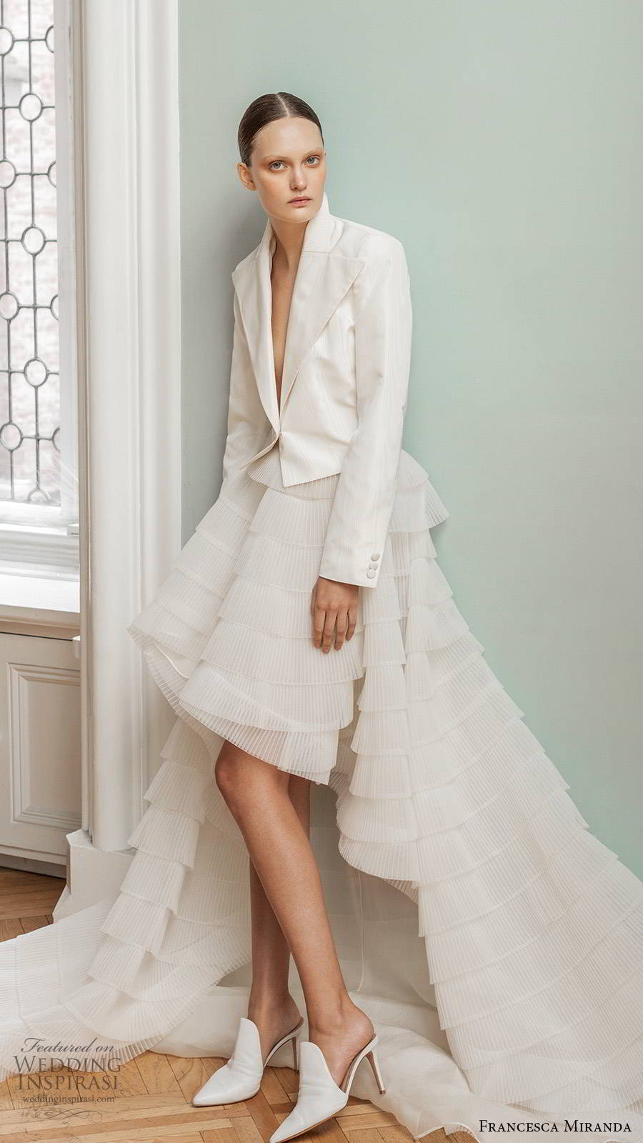 francesca miranda spring 2020 bridal long sleeve jacket a line ruffle tiered high low skirt wedding dress chapel train (10) sv